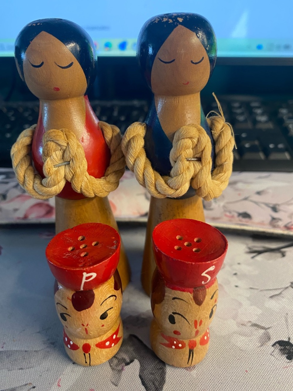 Hand-Painted Wooden Figurine Salt & Pepper Set with Red and Blue Accents